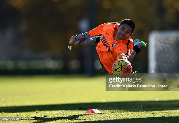 Juan Pablo Carrizo of FC Internazionale Milano in action during an FC Internazionale training session at the club's training ground at Appiano...
