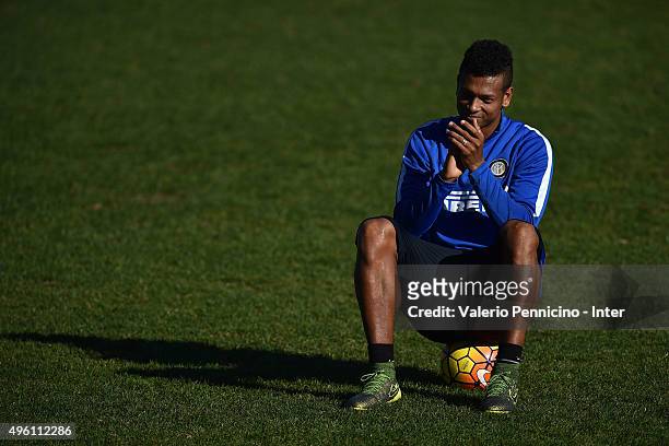Fredy Guarin of FC Internazionale Milano gestures during an FC Internazionale training session at the club's training ground at Appiano Gentile on...