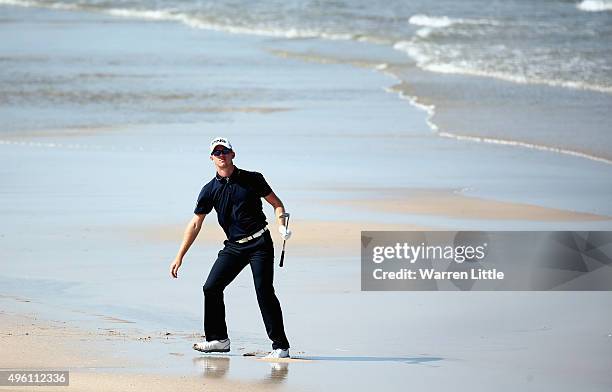 Brandon Stone of South Africa plays his second shot on the 12th hole from the beach during the final round of the NBO Golf Classic Grand Final at the...