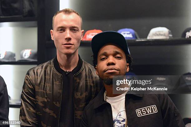 Producer DJ Skee and recording artist Currensy attend the listening party for his upcoming album "Canal Street Confidential" at The Hundreds on...