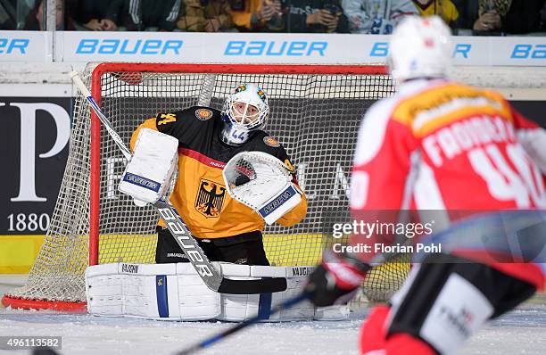 Dennis Endras of Team Germany during the game between Germany and the Swiss on November 6, 2015 in Augsburg, Germany.