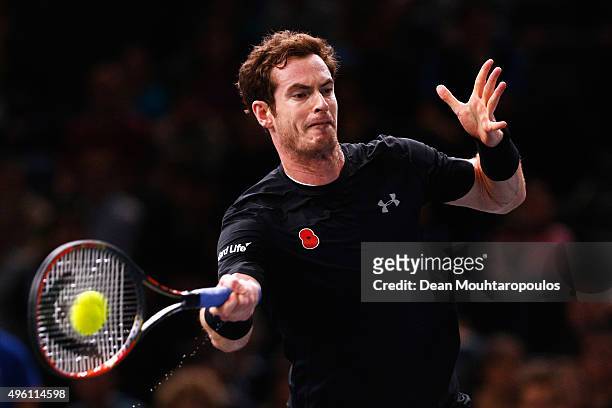 Andy Murray of Great Britain in action against David Ferrer of Spain in their semi final match during Day 6 of the BNP Paribas Masters held at...