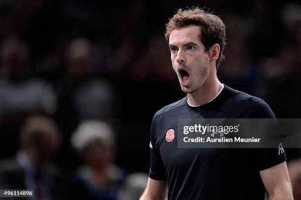 Andy Murray of England reacts during his Men's semi-final match against David Ferrer of Spain on day six of the BNP Paribas Masters at Palais...