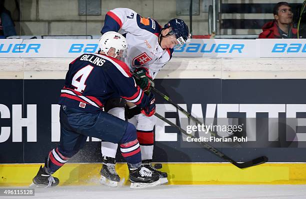 Chad Billins of Team USA and Marek Daloga of Team Slovakia during the game between USA and the Slovakia on November 6, 2015 in Augsburg, Germany.