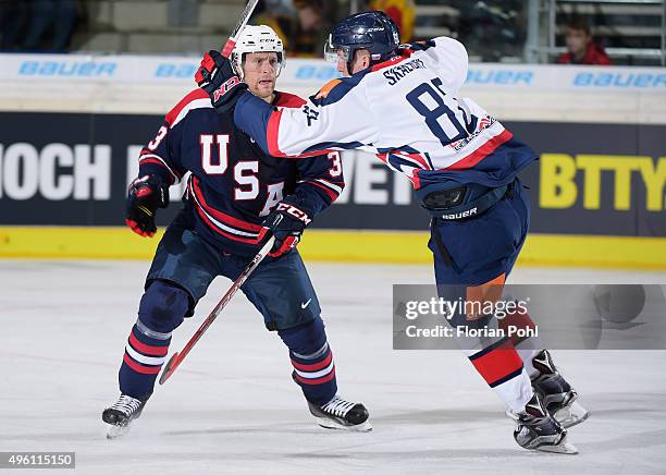 Mike Brennan of Team USA and Pavol Skalicky of Team Slovakia during the game between USA and the Slovakia on November 6, 2015 in Augsburg, Germany.