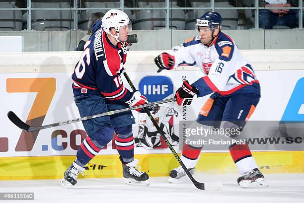 Travis Turnbull of Team USA and Roman Kukumberg of Team Slovakia during the game between USA and the Slovakia on November 6, 2015 in Augsburg,...