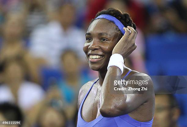 Venus Williams of USA reacts after winning the match against Roberta Vinci of Italy on day 6 of Huajin Securities WTA Elite Trophy Zhuhai at Hengqin...