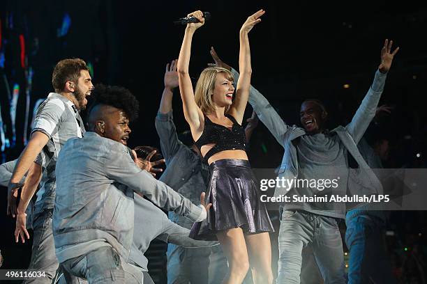 Taylor Swift performs live on stage during the 1989 World Tour Live at Singapore Indoor Stadium on November 7, 2015 in Singapore.
