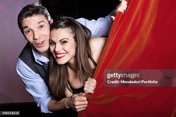 The actors Francesco Venditti and Bianca Guaccero posing for a photo shooting at Teatro Nuovo during the rehearsals of Una vita da strega. Italy,...