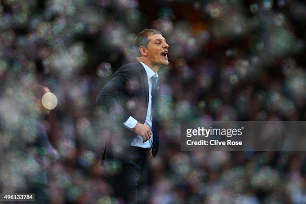 Slaven Bilic manager of West Ham United gestures during the Barclays Premier League match between West Ham United and Everton at Boleyn Ground on...