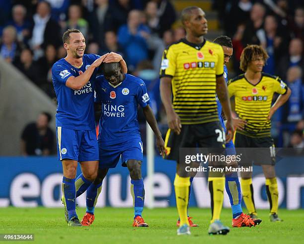 Ngolo Kante of Leicester City celebrates scoring his team's first goal with his team mate Danny Drinkwater during the Barclays Premier League match...