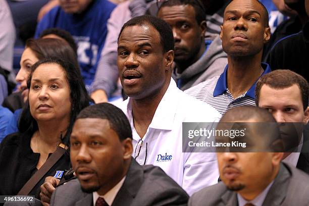 Former NBA player David Robinson , father of Justin Robinson of the Duke Blue Devils, looks on during the game against the Livingstone Blue Bears at...