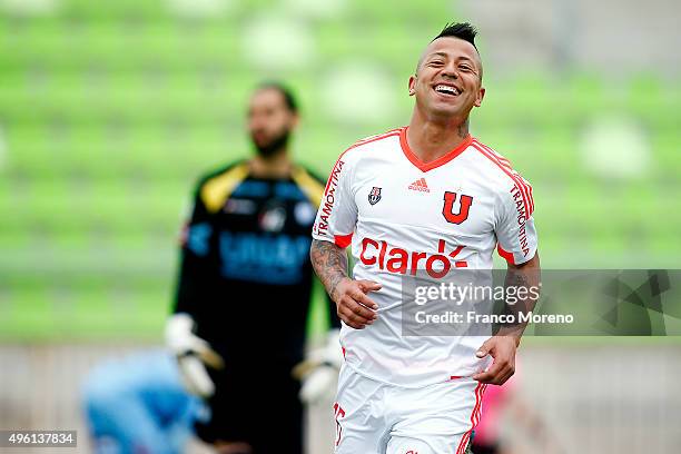 Leonardo Valencia of U de Chile celebrates after scoring the opening goal during a match between Deportes Iquique and U de Chile as a part of 12...
