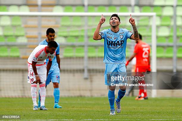 Carlos Soza of Deportes Iquique celebrates after scoring the fourth goal of his team during a match between Deportes Iquique and U de Chile as a part...