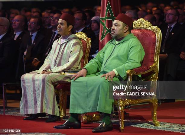 Morocco's King Mohammed VI and his brother Prince Moulay Rachid attend a ceremony to sign conventions for projects in the region of the Western...