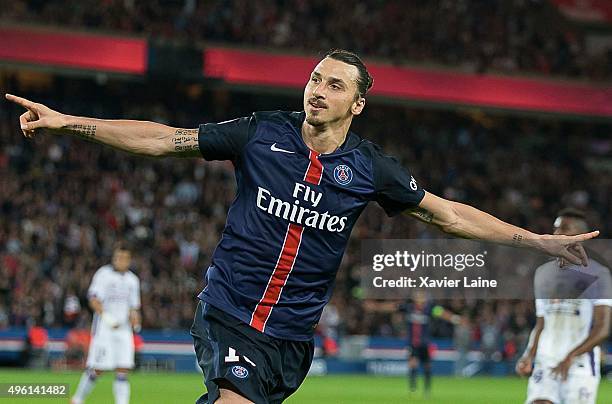 Zlatan Ibrahimovic of Paris Saint-Germain celebrate his first goal during the French Ligue 1 between Paris Saint-Germain and Toulouse FC at Parc Des...