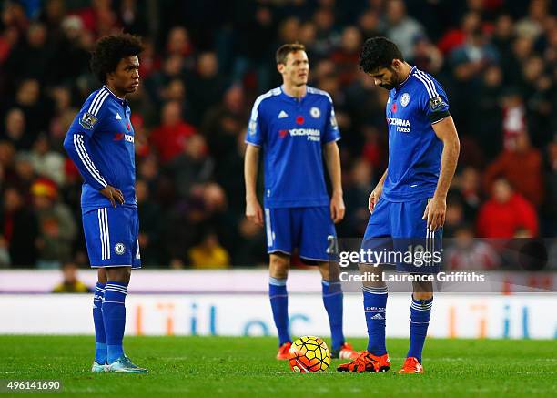 Willian and Diego Costa of Chelsea show their dejection after conceding the first goal to Stoke City during the Barclays Premier League match between...