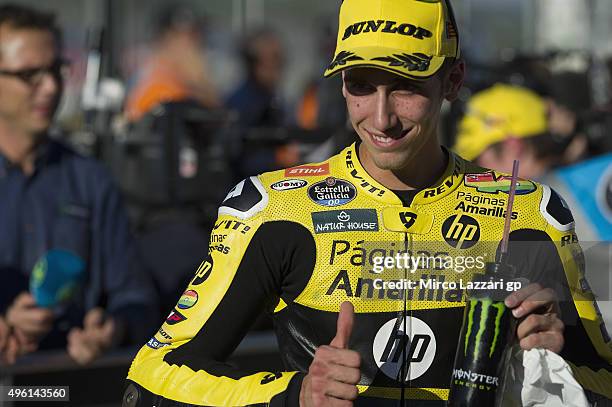 Alex Rins of Spain and Pagina Amarillas HP40 celebrates at the end of the qualifying practice during the MotoGP of Valencia - Qualifying at Ricardo...