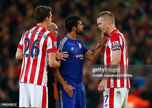 Diego Costa of Chelsea argues with Ryan Shawcross of Stoke City after the Barclays Premier League match between Stoke City and Chelsea at Britannia...