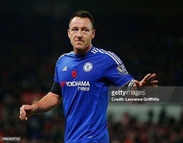John Terry of Chelsea reacts after his team's 0-1 defeat in the Barclays Premier League match between Stoke City and Chelsea at Britannia Stadium on...