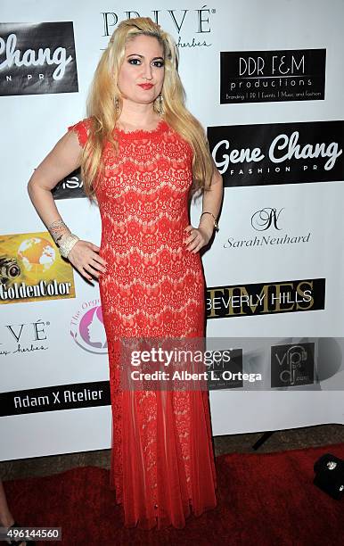 Actress Vikki Lizzi attends "Reel Haute" In Hollywood International Couture Fashion Show held at The Beverly Hilton Hotel on November 6, 2015 in...