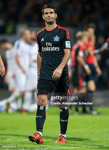 Emir Spahic of Hamburger SV reacts during the first bundesliga match between SV Darmstadt 98 and Hamburger SV at Merck-Stadion am Boellenfalltor on...