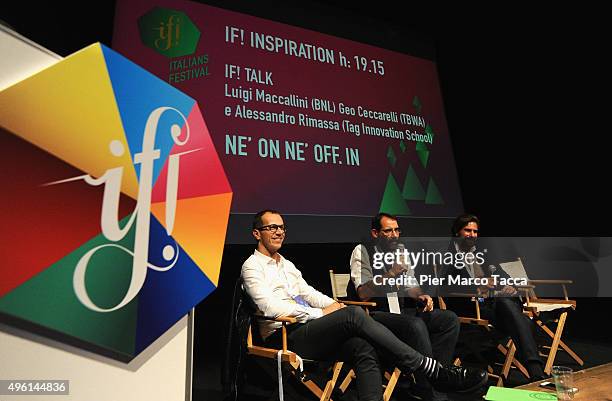 Alessandro Rimassa , Luigi Maccallini and Geo Ceccarelli speak on stage at the IF! Italians Festival at Franco Parenti Theater on November 7, 2015 in...