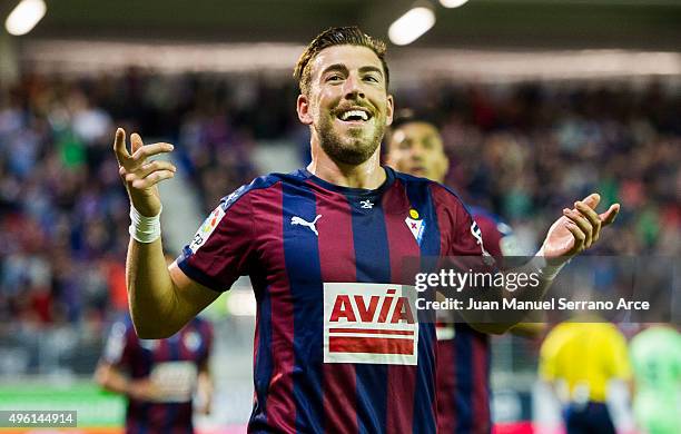 Sergi Enrich of SD Eiba celebrates after scoring during the La Liga match between SD Eibar and Getafe CF at Ipurua Municipal Stadium on November 7,...