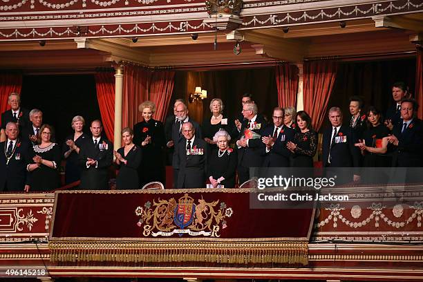 Members of the Royal Box and guests stand as the Chelsea Pensioners arrive into the Royal Albert Hall during the Annual Festival of Remembrance on...