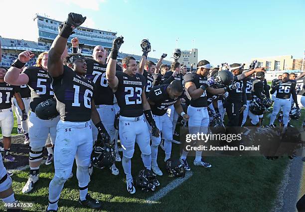 Members of the Northwestern Wildcats celebrate after a win over the Penn State Nittany Lions at Ryan Field on November 7, 2015 in Evanston, Illinois....