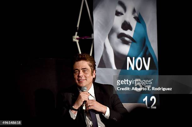 Actor Benicio del Toro speaks onstage at 'A Conversation with Benicio Del Toro' during AFI FEST 2015 presented by Audi at the Egyptian Theatre on...