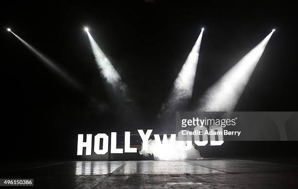 Replica of the Hollywood sign on Mount Lee, in the Hollywood Hills area of the Santa Monica Mountains of Los Angeles, is seen as Kid Ink, stage name...