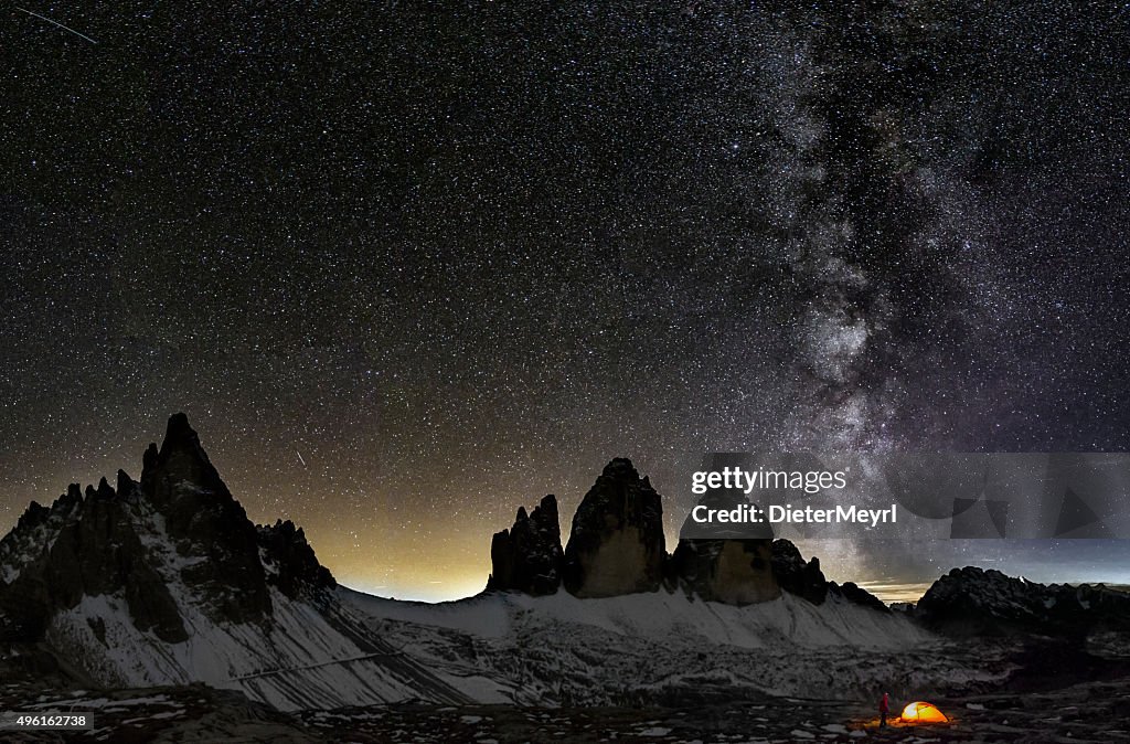 Loneley Camper under Milky Way at the Dolomites