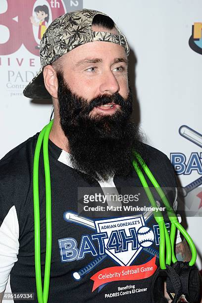 Player Brian Wilson attends Adrian Gonzalez's Bat 4 Hope Celebrity Softball Game PADRES Contra El Cancer at Dodger Stadium on November 7, 2015 in Los...