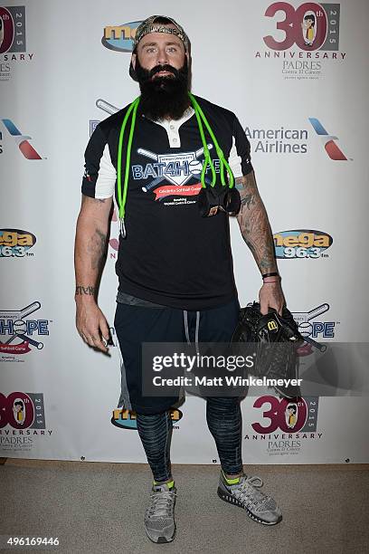 Player Brian Wilson attends Adrian Gonzalez's Bat 4 Hope Celebrity Softball Game PADRES Contra El Cancer at Dodger Stadium on November 7, 2015 in Los...