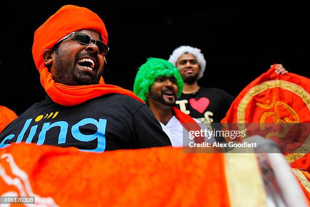 Group of drummers play during a match in the Cricket All-Stars Series at Citi Field on November 7, 2015 in the Queens Borough of New York City.