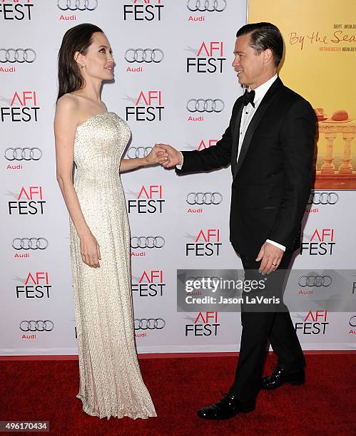 Angelina Jolie and Brad Pitt attend the premiere of "By the Sea" at the 2015 AFI Fest at TCL Chinese 6 Theatres on November 5, 2015 in Hollywood,...