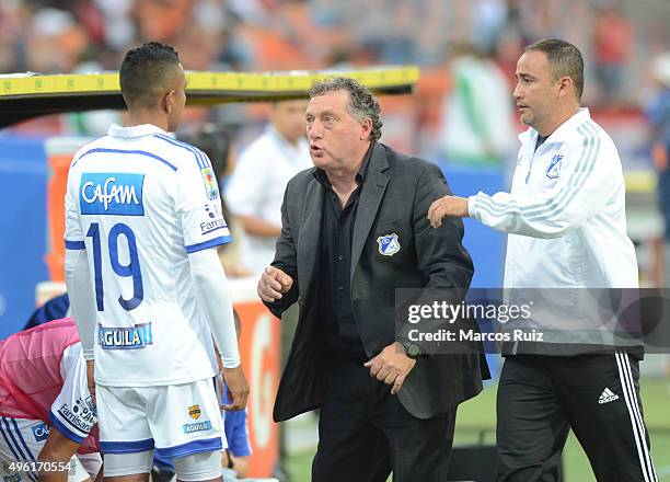 Ruben Israel, coach of Millonarios talks to his players during a match between Independiente Medellin and Millonarios as part of Liga Aguila II 2015...