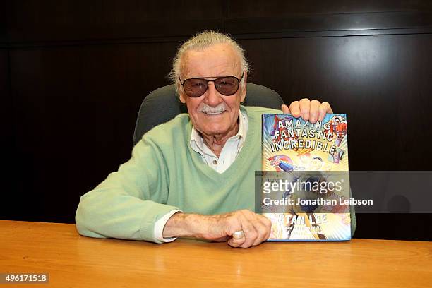 Stan Lee signs copies of his new book "Amazing Fantastic Incredible: A Marvelous Memoir" at Barnes & Noble at The Grove on November 7, 2015 in Los...