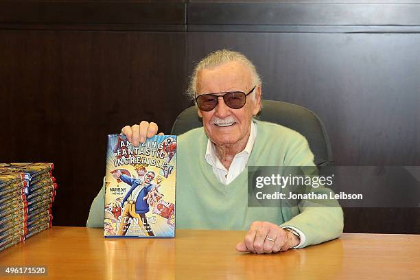 Stan Lee signs copies of his new book "Amazing Fantastic Incredible: A Marvelous Memoir" at Barnes & Noble at The Grove on November 7, 2015 in Los...