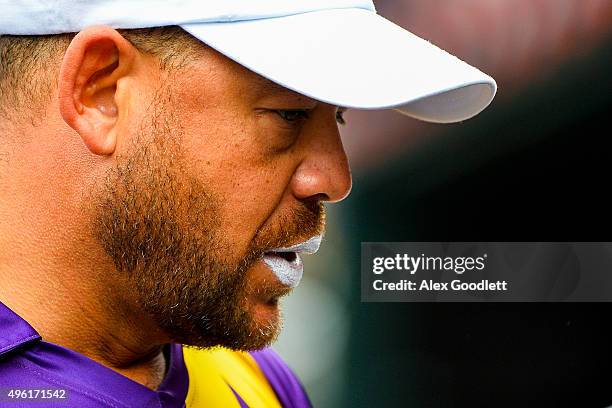 Warne's Warriors player Andrew Symonds looks on during a match in the Cricket All-Stars Series at Citi Field on November 7, 2015 in the Queens...
