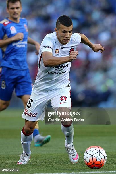 Jaushua Sotiro of the Wanderers in action during the round five A-League match between the Newcastle Jets and the Western Sydney Wanderers at Hunter...