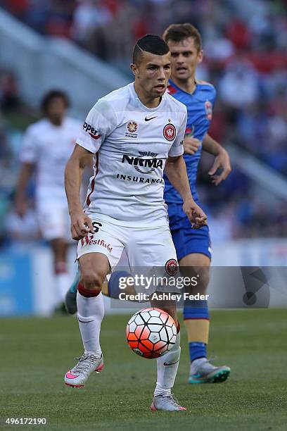 Jaushua Sotiro of the Wanderers in action during the round five A-League match between the Newcastle Jets and the Western Sydney Wanderers at Hunter...