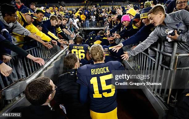 Quarterback Jake Rudock of the Michigan Wolverines leaves the field after a 49-16 win over the Rutgers Scarlet Knights on November 7, 2015 at...