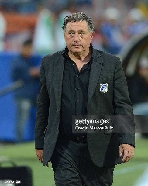 Ruben Israel, coach of Millonarios looks on during a match between Independiente Medellin and Millonarios as part of Liga Aguila II 2015 at Atanasio...