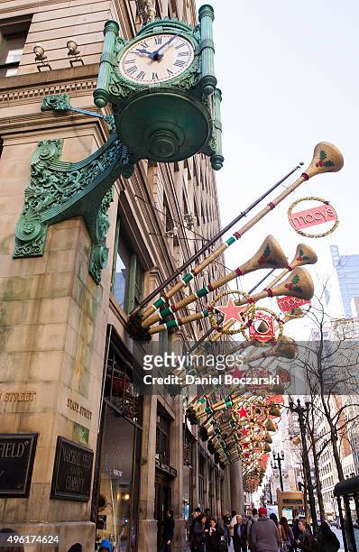 Macy's on State Street holiday trumpets line the holiday animated windows on November 7, 2015 in Chicago, Illinois.