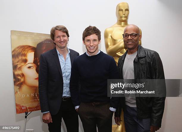 Tom Hooper, Eddie Redmayne and Patrick Harrison, Director of NY Programs and Membership Academy of Motion Picture Arts and Sciences attend The...