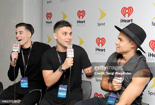Nesty Galguera, Leo Herrera and Monti Montanez of Grupo Treo attend iHeartRadio Fiesta Latina presented by Sprint at American Airlines Arena on...