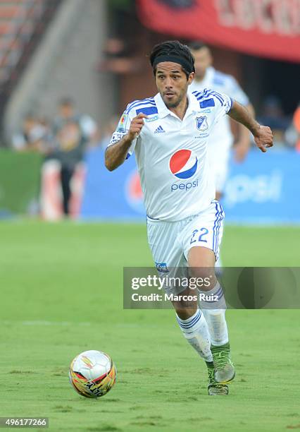 Fabian Vargas of Millonarios drives the ball during a match between Independiente Medellin and Millonarios as part of Liga Aguila II 2015 at Atanasio...