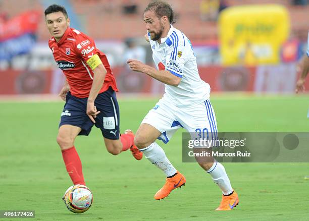 Federico Insua of Millonarios drives the ball during a match between Independiente Medellin and Millonarios as part of Liga Aguila II 2015 at...